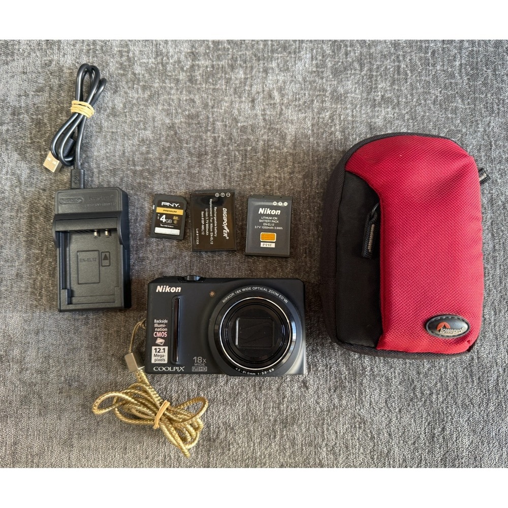 Nikon Coolpix S9100 12.1MP Digital Camera Black Bundle Charger 2 Batteries SD Ca